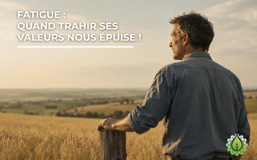 Agriculteur pensif au bord d’un champ à l’heure dorée, illustrant la fatigue ressentie quand on trahit ses propres valeurs