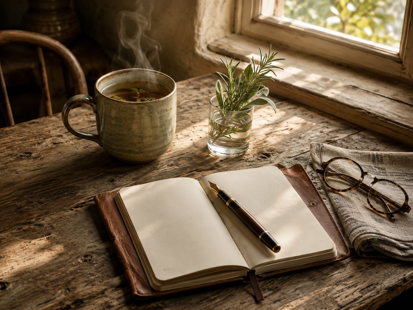 Carnet ouvert, mug fumant et brin de sauge sur une table en bois : un moment calme pour revenir à soi et se réaligner avec ses valeurs