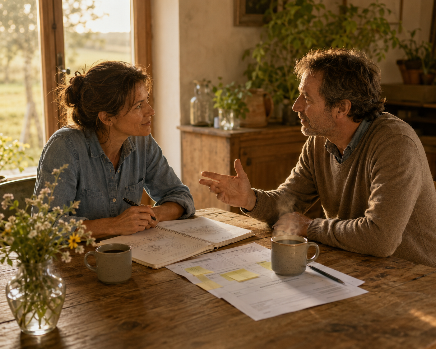 Deux personnes en dialogue autour d’une table en bois avec un plan de projet : l’alignement humain au service de la cohérence entre projet, vision et fonctionnement