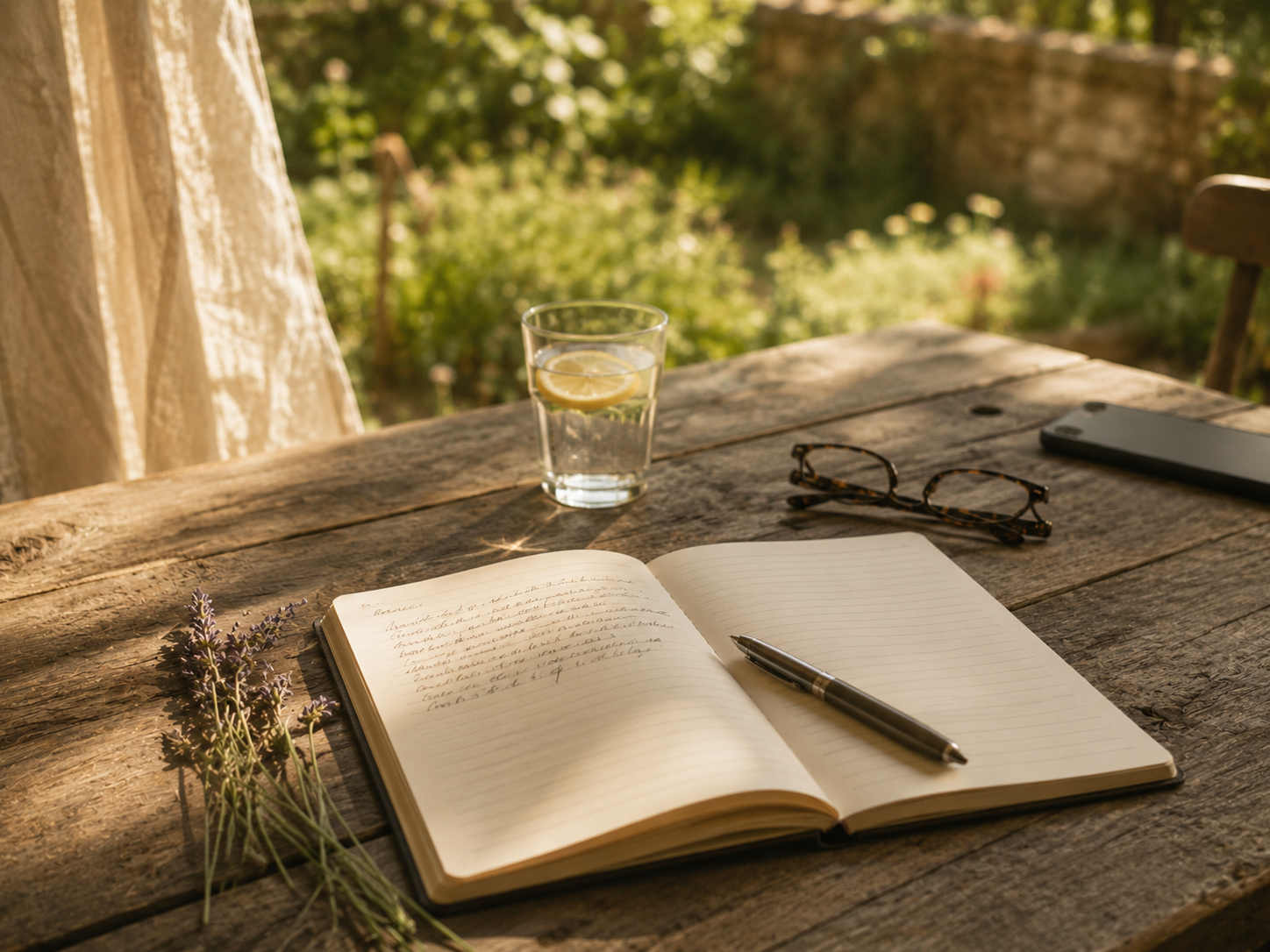 Carnet ouvert, stylo et téléphone retourné sur une table en bois au soleil : les micro-actions simples pour prendre du recul cet été