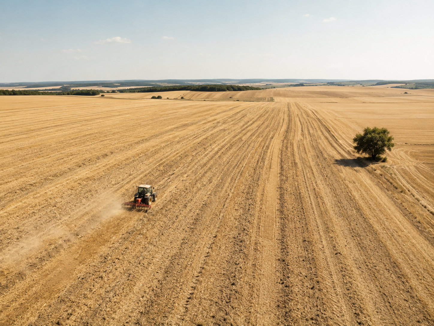 Tracteur isolé dans un grand champ aux sillons répétitifs sous le soleil d’été : le piège de continuer sans jamais prendre du recul
