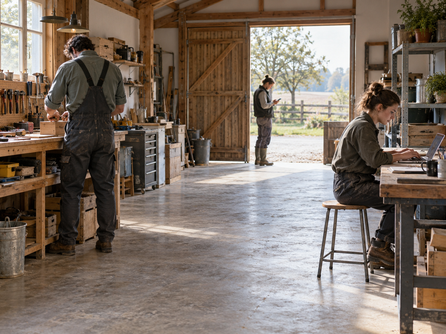 Trois personnes travaillent chacune de leur côté dans un atelier de ferme, l’une à l’établi, l’autre devant son ordinateur, la dernière près de la porte : le coût du « chacun pour soi »