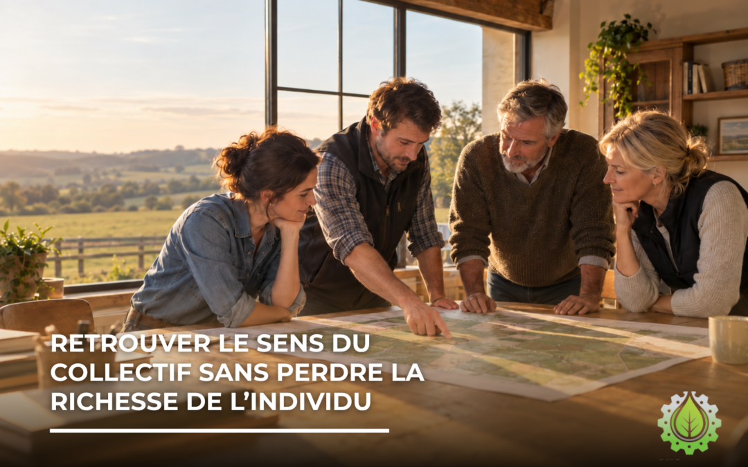 Quatre personnes de générations différentes penchées sur un plan étalé sur une grande table en bois, devant une baie vitrée ouverte sur la campagne : retrouver le sens du collectif